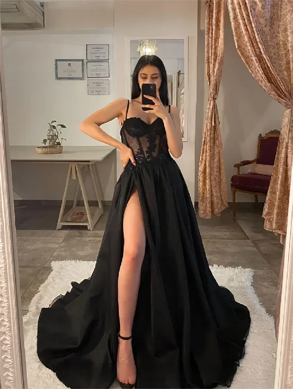 Women's V-Neck DressesShiny Tulle Evening Dress 2024 Sexy Black V-Neck StrapLlace Applique Party Dress A-line High Side Slit Formal Occasion Prom Gown