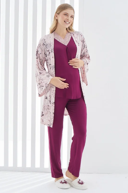 women's pajamas made from organic cottonShopymommy 3398 Lace Collar 3-Pieces Maternity & Nursing Pajamas With Flowery Robe Plum