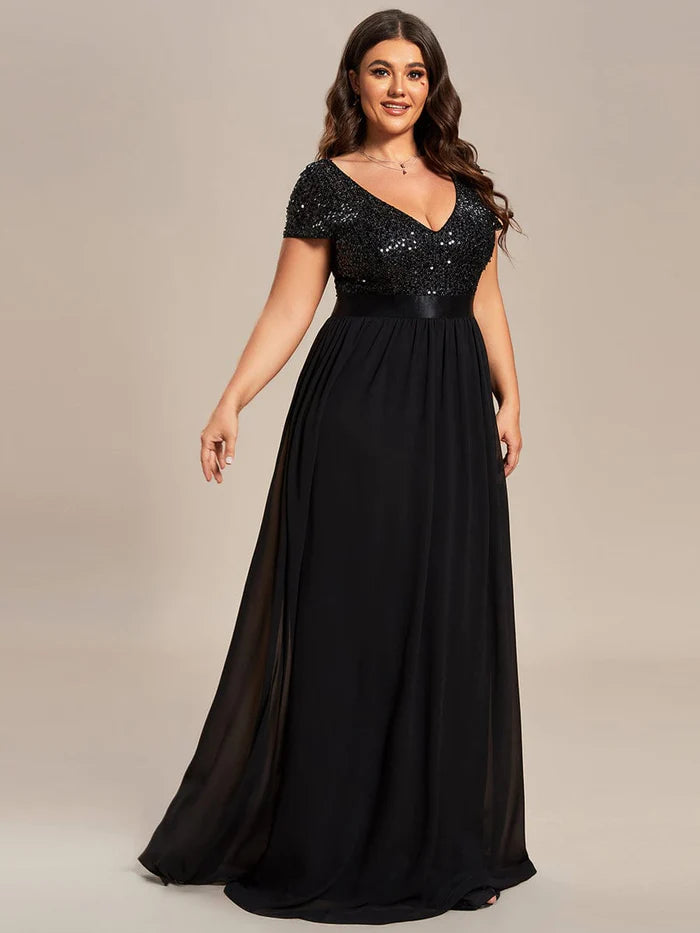 Women's Off-Shoulder DressesPlus Size V-Neck Cap Sleeve Sequins Chiffon Maxi Evening Dress