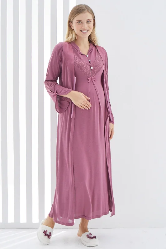 women's pajamas with a subtle shimmerShopymommy 2268 Guipure V-Neck Maternity & Nursing Nightgown With Robe Plum