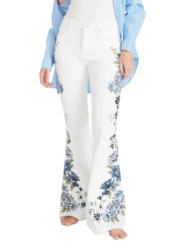 Women's Jodhpurs with Tapered LegFarrah Flare Jeans In White Bluebell Fleur