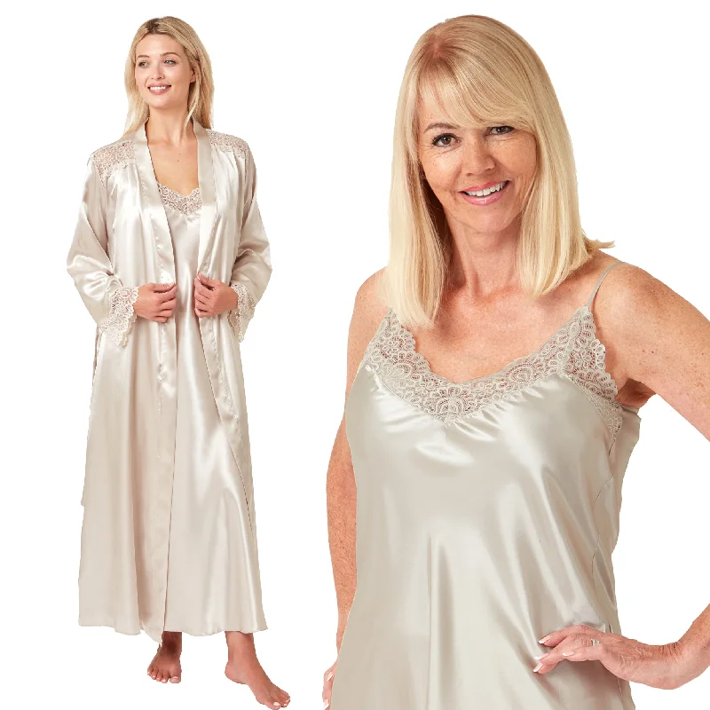 women's cotton pajama setsMatching Gold Beige Sexy Satin Long Chemise & Wrap Set Negligee Lingerie PLUS SIZE