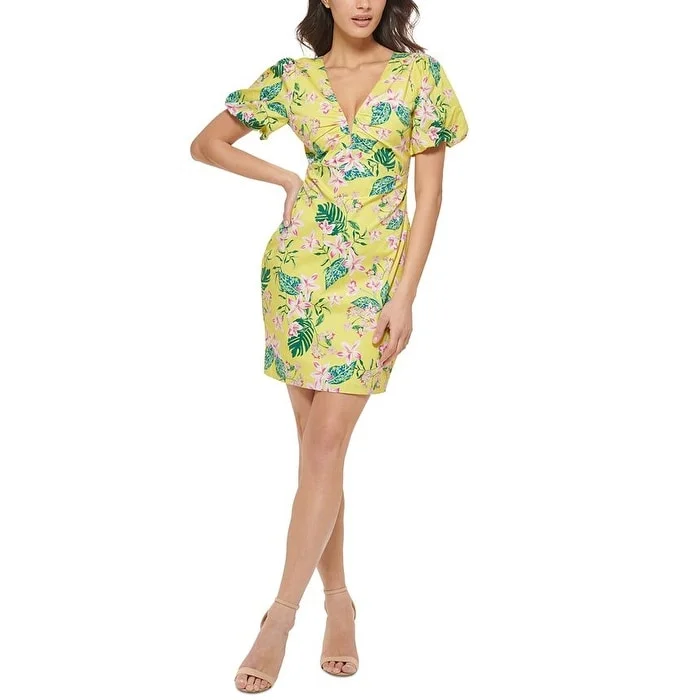 Women's High-Neck DressesGUESS Women's Printed Puff Sleeve Bodycon Dress Yellow Size 6