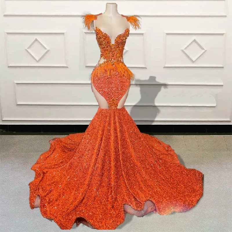 Women's Sweetheart Collar DressesLuxury Orange Mermaid Long Prom Dresses for Birthday Party Sparkly Sequin Feathers Women Custom Formal Evening Gowns