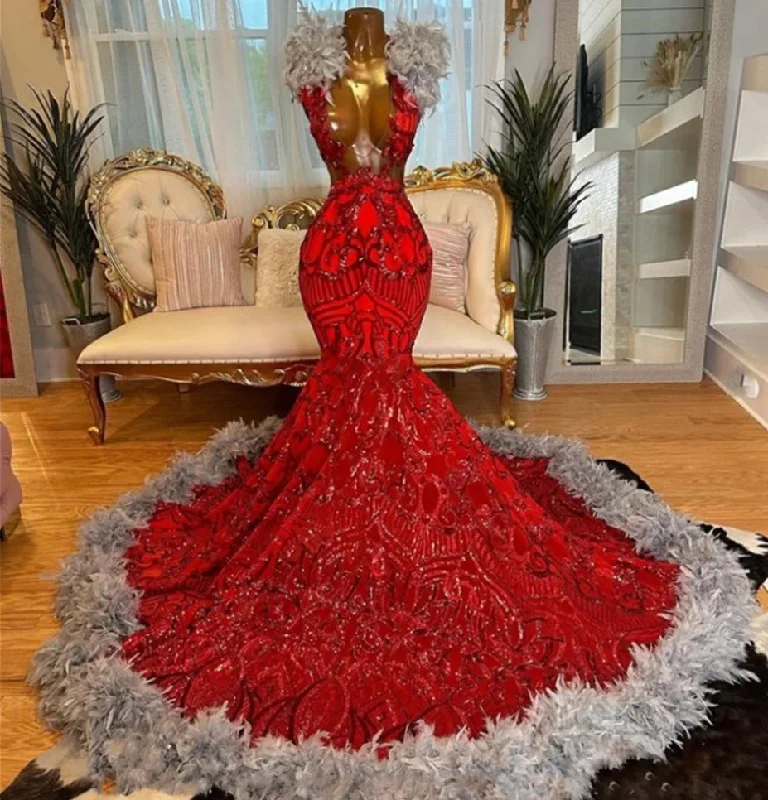 Women's Shawl Collar DressesLuxury Red Sequined Lace Grey Feather Prom Dresses 2024 For Birthday Party Mermaid Black Girls Evening Dresses Wedding vestidos