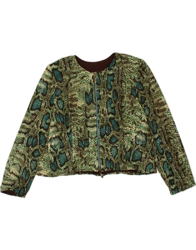 Women's Coats with Fur Trimmed PocketsJOSEPH RIBKOFF Womens Full Zip Biker Jacket UK 22 2XL Green Animal Print