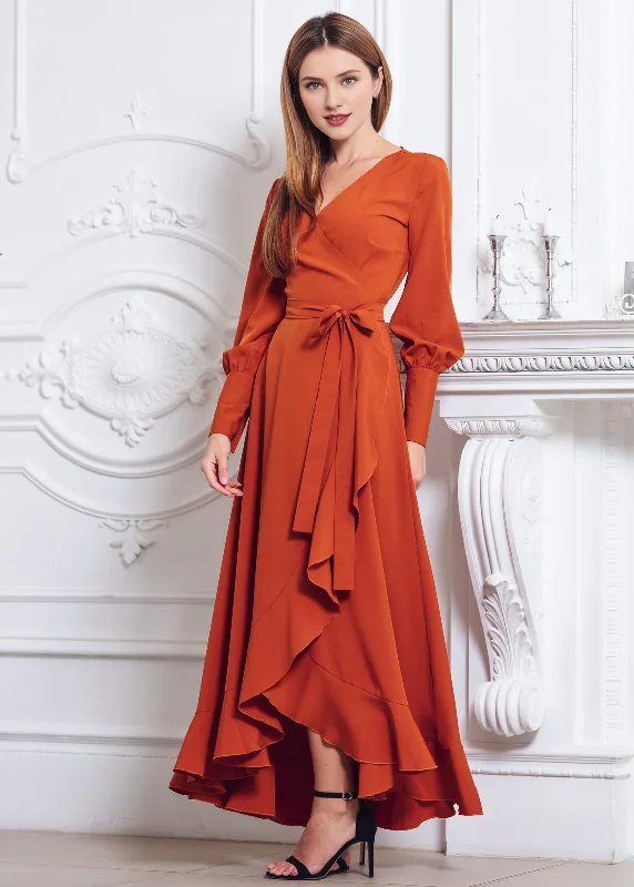 Women's Collarless DressesRust Orange Long Sleeves Wrap Dress Maxi Bridesmaid Dress Cocktail Dress Wedding Guest Dress