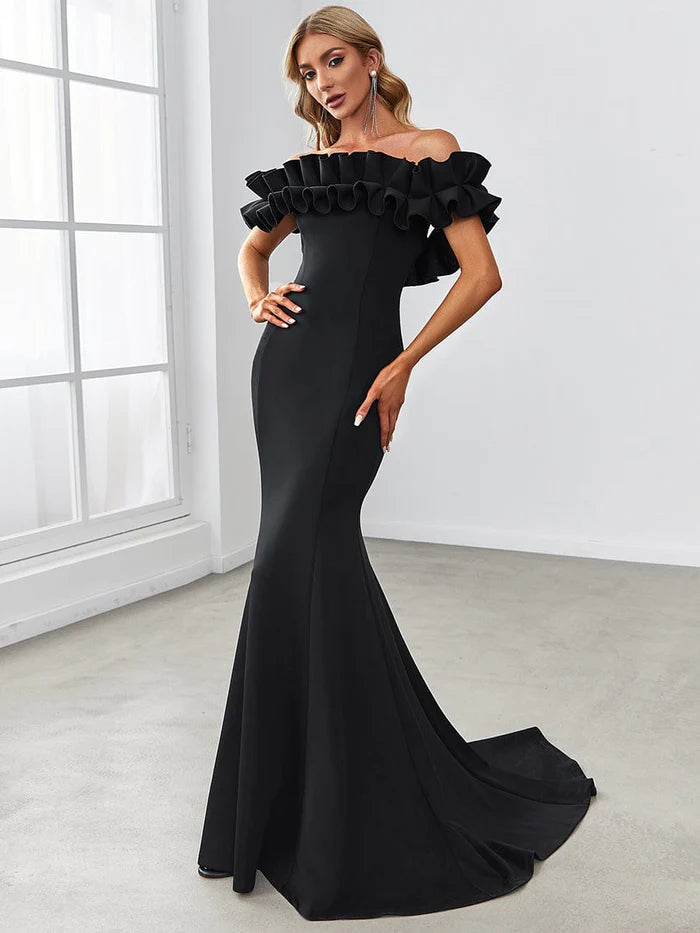 Women's Shawl Collar DressesSweet Ruffled Off Shoulder Mermaid Maxi Evening Dress