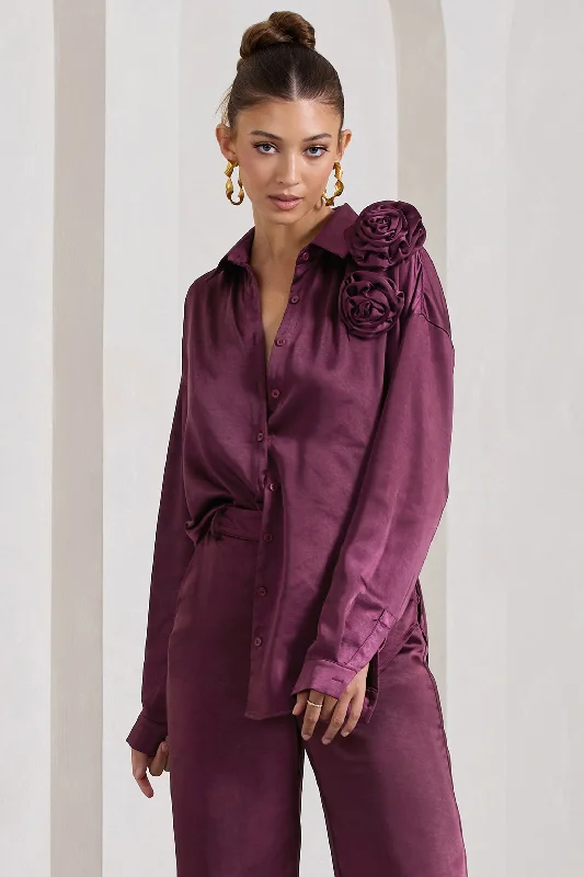 Women's Blouse with Keyhole CollarRosanna | Burgundy Satin Oversized Shirt With Flowers