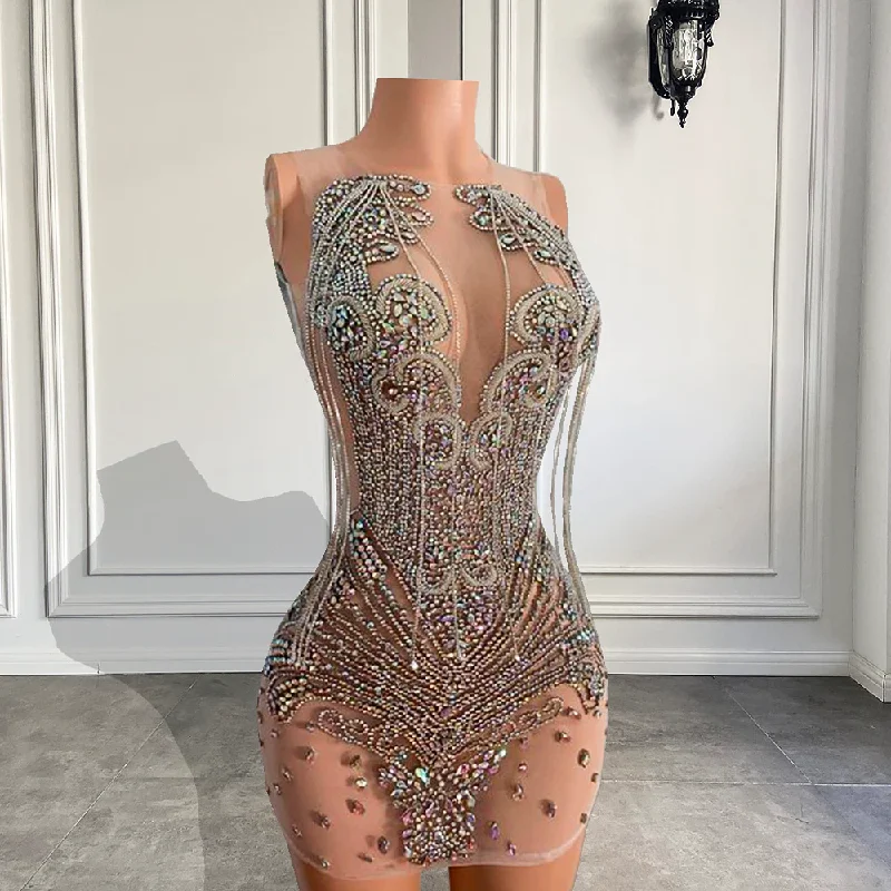 Women's Boat-Neck DressesLuxury Short Prom Dresses Luxury Beaded Crystals Silver African Women Cocktail Gowns For Party