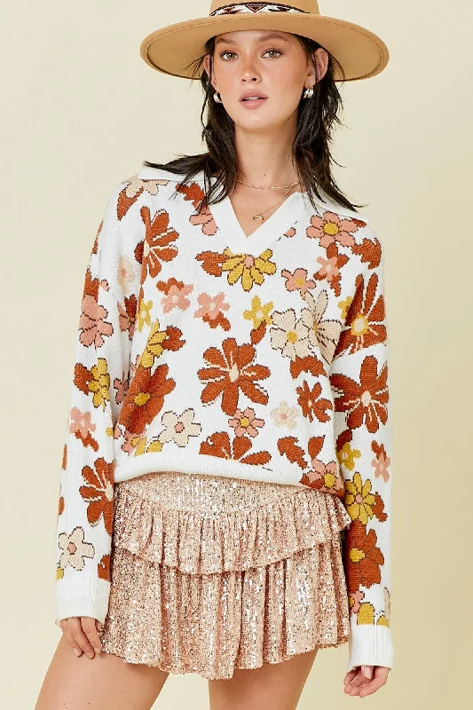 Women's One-Piece JumpsuitsBrown And Ivory Floral Sweater