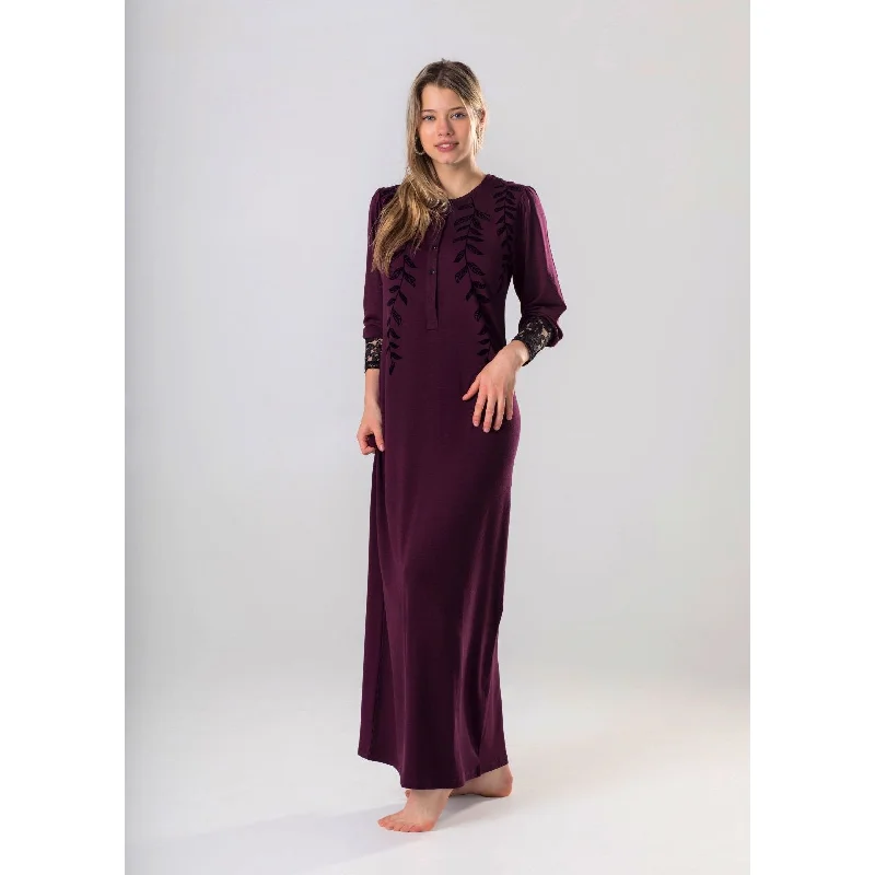 women's pajamas designed for those who believe in sweet dreams and cozy nights.Ellwi Eggplant Colored Button Down Nightgown with Black Velvet Detail 212