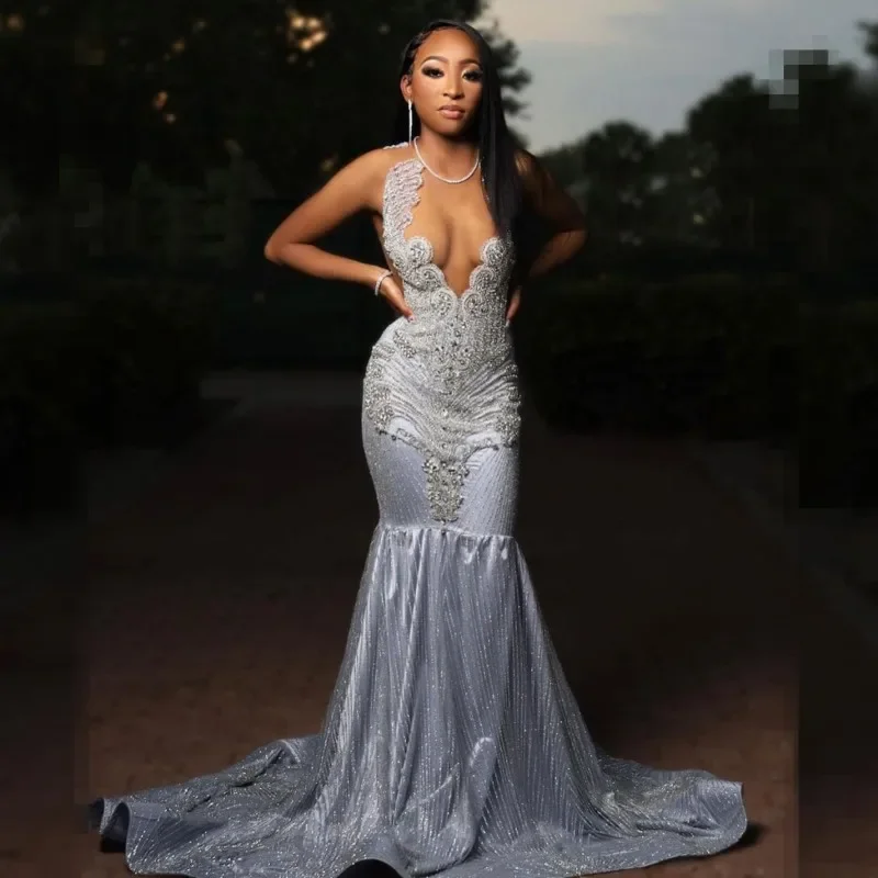 Women's Ruffled DressesLuxury Silver Prom Dresses For Black Girls 2024 Diamond Sequin Mermaid Party Gowns Evening Dress Vestidos De Festa