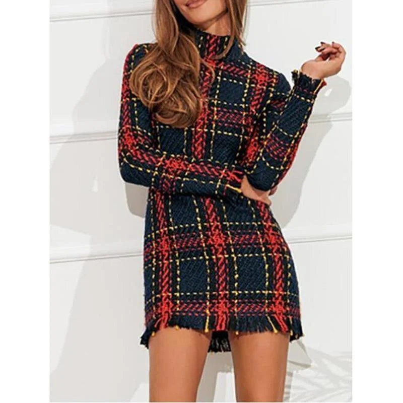 Women's Round-Neck DressesFashionSierra - Striped plaid tassel dress women Long sleeve mini tweed dresses