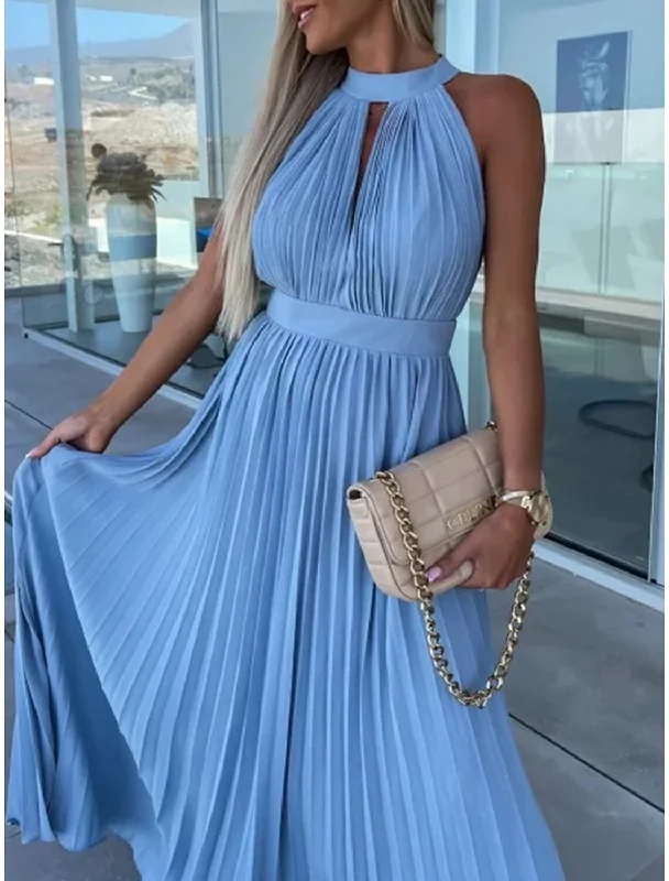 Women's Peter Pan Collar DressesWomen's Long Dress Maxi Dress Party Dress Casual Dress Summer Dress Pure Color Streetwear Casual Outdoor Holiday Going out Ruched Pleated Sleeveless Halter Neck Dress Slim Pink Blue Summer Spring