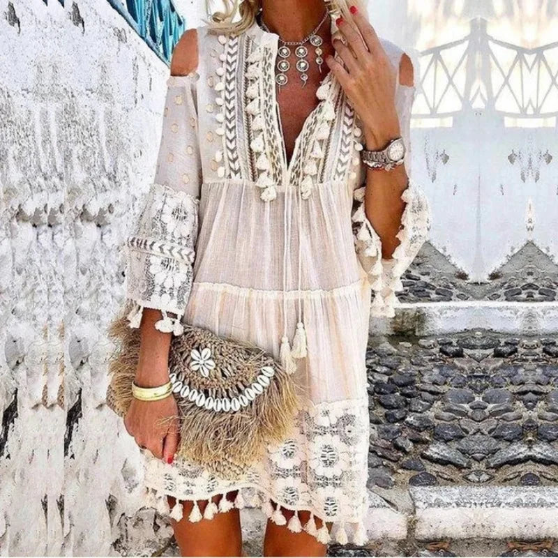 Women's Ruffled DressesFashionSierra-Vintage  Long Sleeve  Mini  Women  Beach Wear  Deep V  Tassel  Summer  2024  Floral Embroidery  Lace  Vestidos Boho Dress