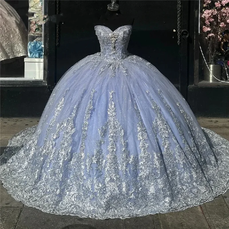 Women's Shawl Collar DressesMexico Sky Blue Sweetheart Ball Gown Quinceanera Dress For Girls Ball Beaded Appliques Birthday Party Gowns Robe De Bal