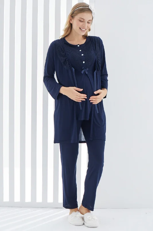 women's pajamas in bold patternsShopymommy 3403 Guipure 3-Pieces Maternity & Nursing Pajamas With Lace Collar Robe Navy Blue