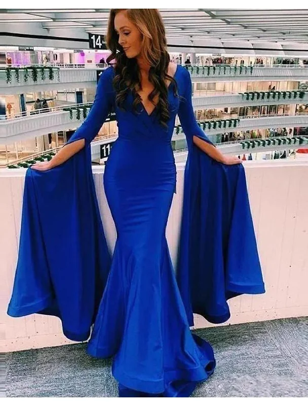 Women's High-Low DressesA-Line Mermaid / Trumpet Evening Gown Minimalist Dress Party Wear Sweep / Brush Train Long Sleeve V Neck Charmeuse with Fringe