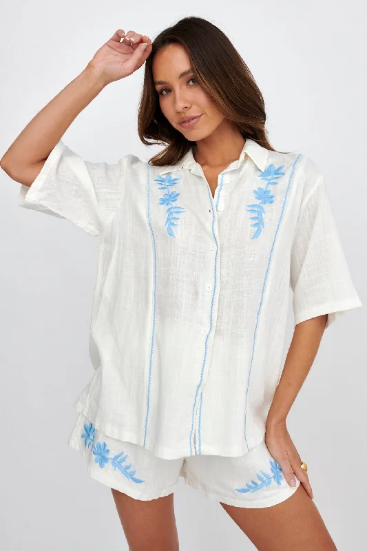 Women's Blouse with Mandarin CollarJeni Embroidered Detail Shirt White