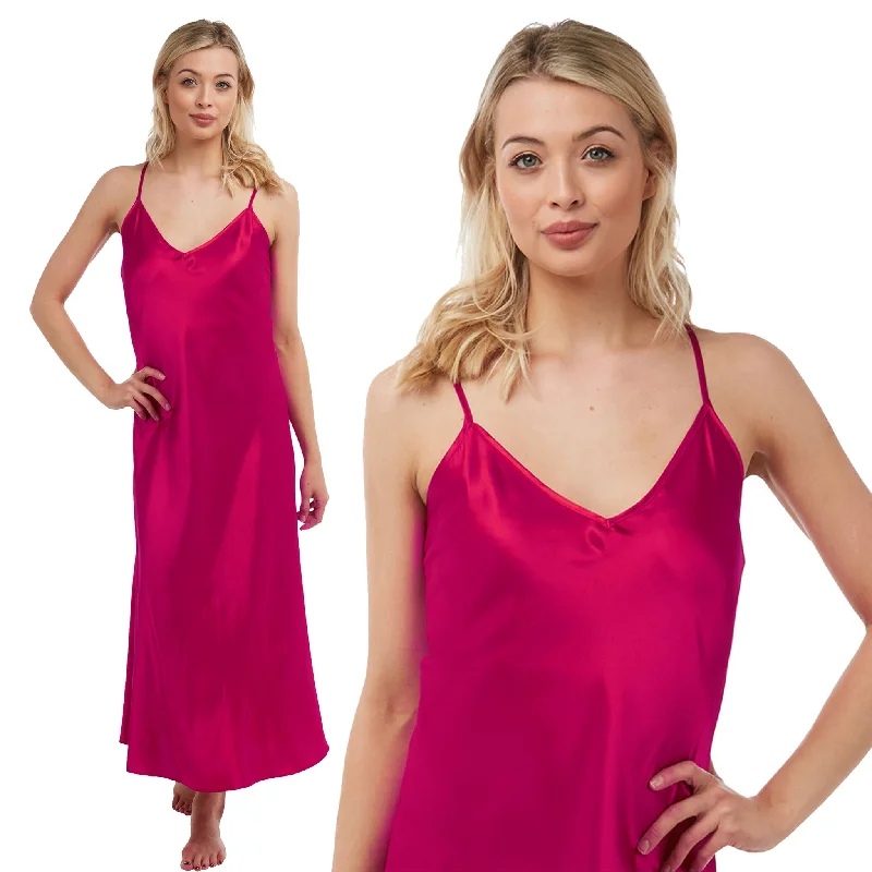 women's pajamas for all-season comfortLong Full Length Plain Berry Pink Red Sexy Satin Chemise Nightdress Negligee PLUS SIZE