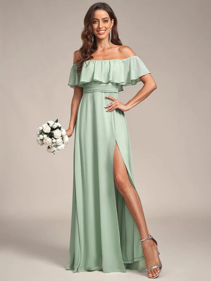 Women's Mini DressesOff Shoulder Chiffon Maxi Bridesmaid Dresses with Side Split