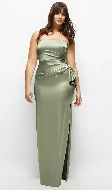 Women's Mandarin Collar DressesSage Strapless Draped Bridesmaid Dresses Satin Maxi Dress with Cascade Ruffle