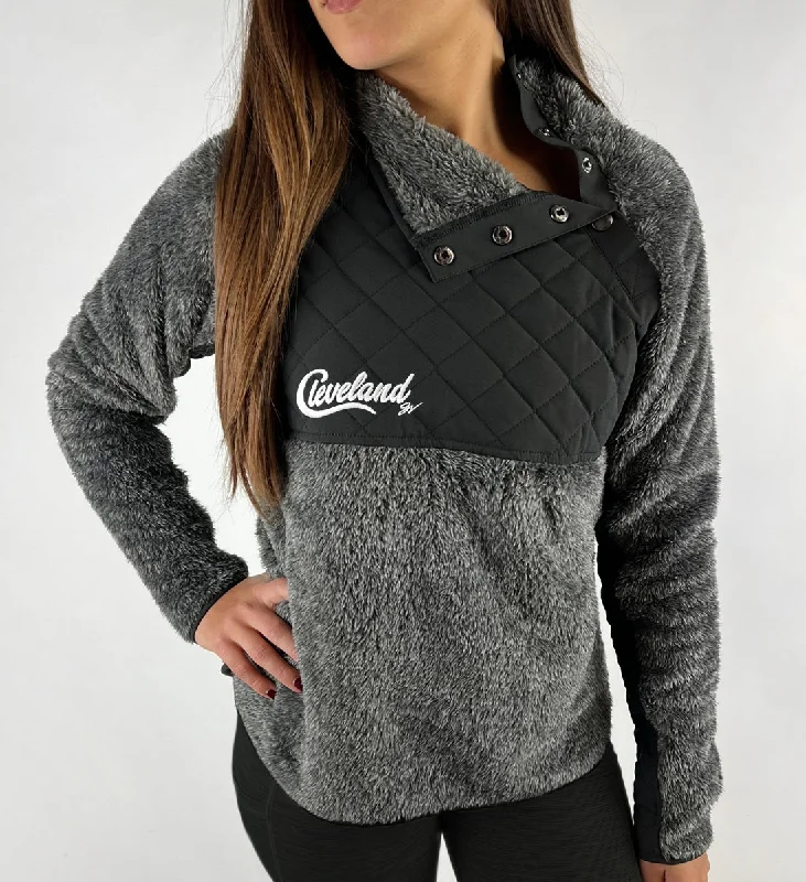 Women's Blouse with Fur TrimWomens Fuzzy Cleveland Script Pullover Fleece