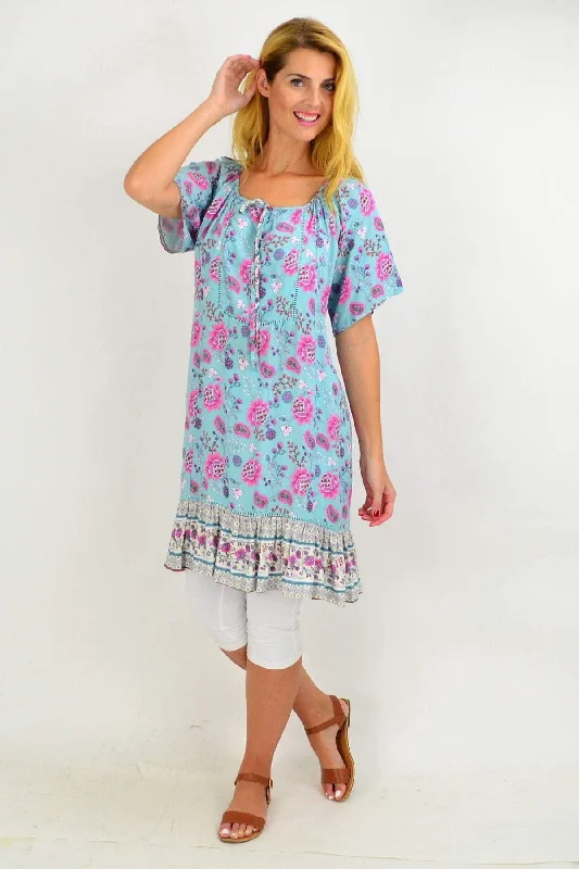 Women's All-Season ShortsAqua Flowy Floral Tunic