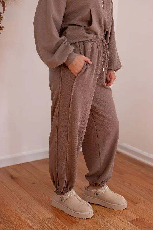 Women's Jumpsuits with Narrow CollarComfy Attitude Mocha Ribbed Joggers