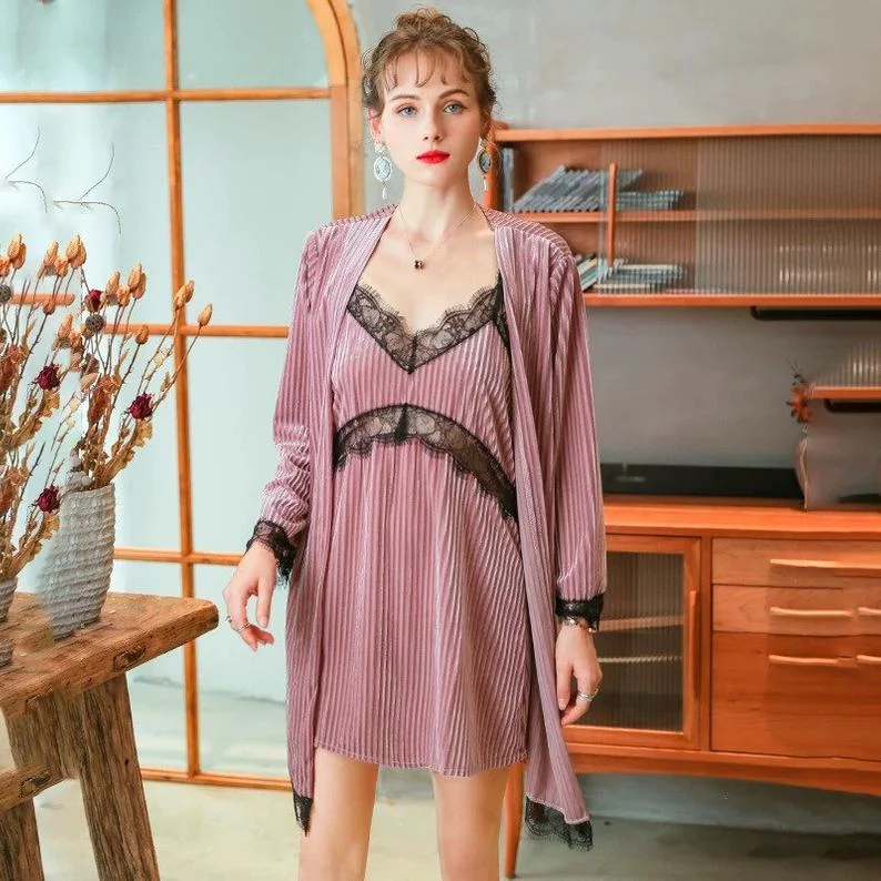 women's pajamas for those who love to indulgeDelightful Corduroy Lace Nightgown/ Matching Robe