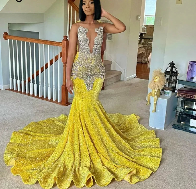 Women's Wide-Neck DressesSparkly Yellow Mermaid Prom Dress 2024 Beads Crystal Rhinestones Graduation Party Dress Birthday Wedding Reception Robe De Bal