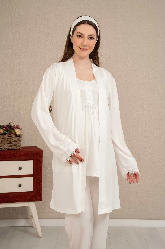 women's pajamas with breathable fabricShopymommy 4513 Double Breast Feeding 3-Pieces Maternity & Nursing Pajamas With Lace Sleeve Robe Ecru