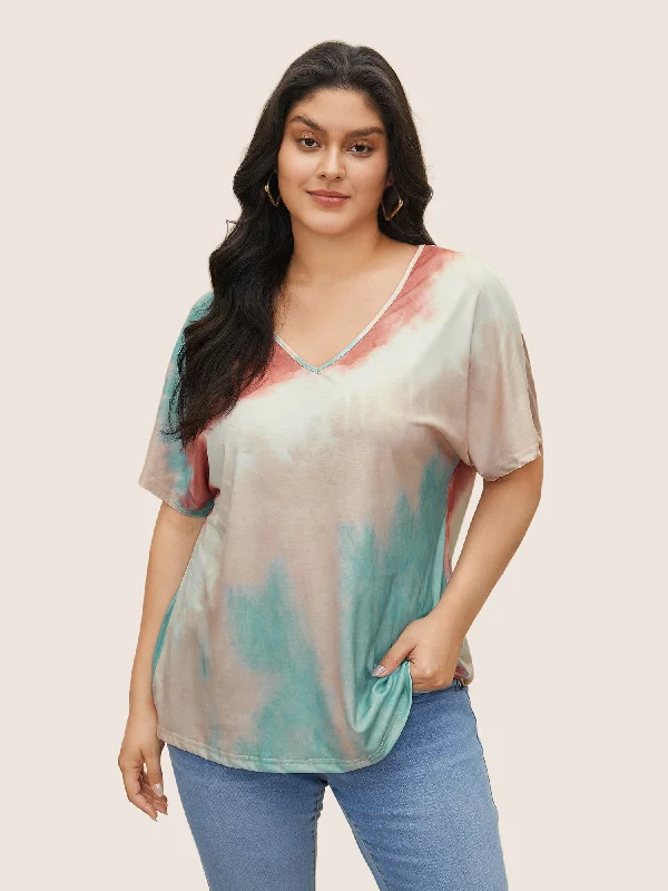 Women's Blouse with Asymmetrical HemTie Dye Drop Shoulder V Neck T-shirt