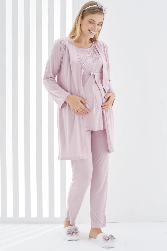 women's pajamas with a fitted designShopymommy 3407 Guipure 3-Pieces Maternity & Nursing Pajamas With Robe Dried Rose