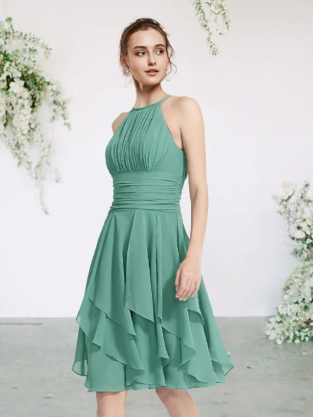 Women's Ruffled DressesBridesmaid Dress Jewel Neck Sleeveless Elegant Short  Mini Chiffon with Pleats  Cascading Ruffles