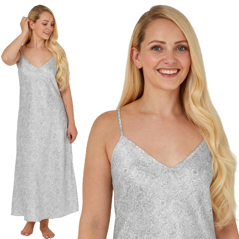 women's pajamas with built-in shortsLong Full Length Sexy Satin Grey Silver Paisley Print Chemise Nightdress Negligee PLUS SIZE