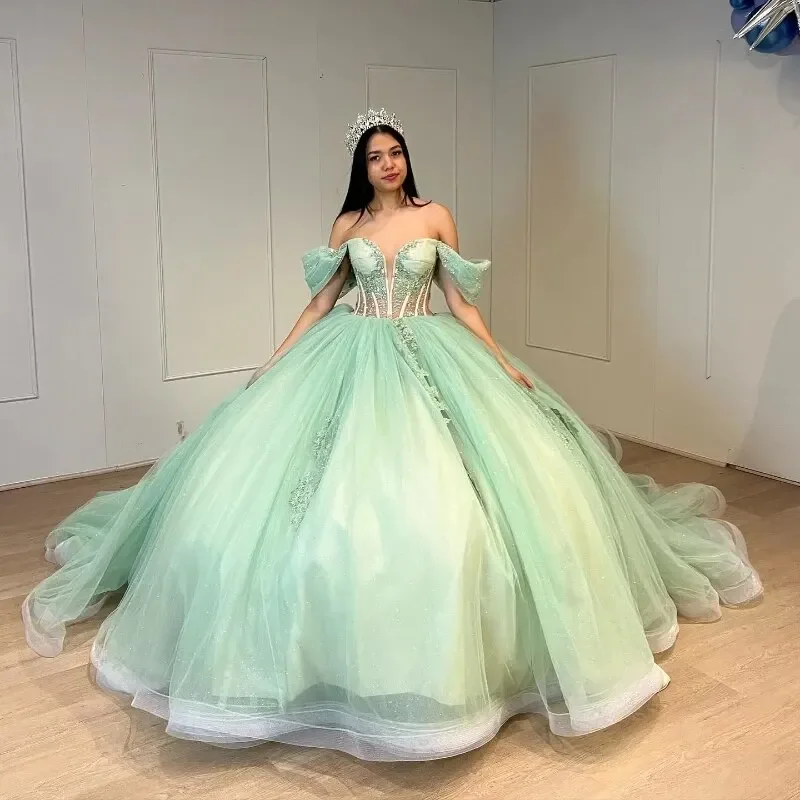 Women's Shawl Collar DressesSage Green Quinceanera Dresses Ball Gown Off Shoulder Applique Lace Beads Puffy Sweet 16 Dress Celebrity Party Gowns Graduation