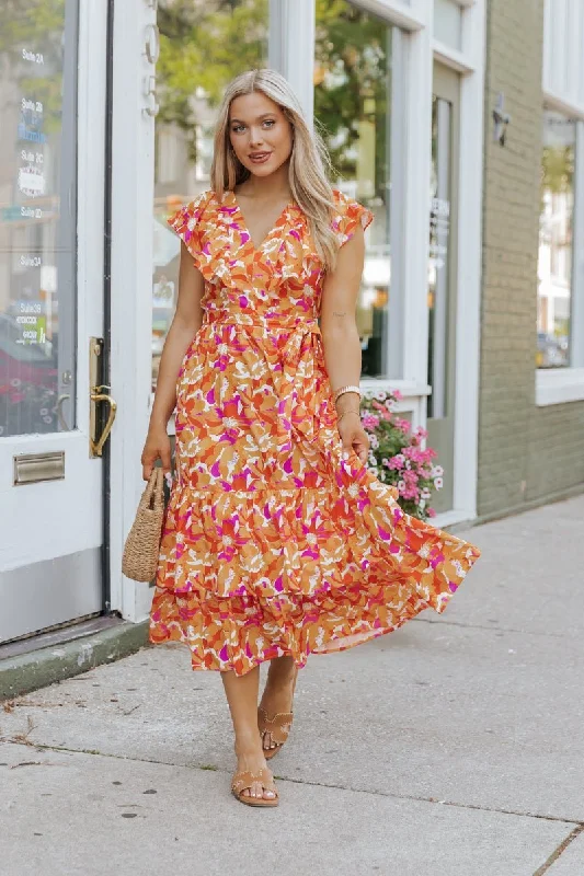 Women's High-Low DressesParadise Peach Floral Tie Midi Dress - FINAL SALE