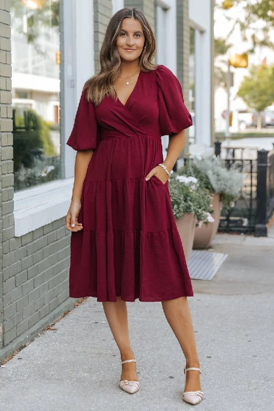 Women's Shawl Collar DressesWine Tiered Midi Wrap Dress - FINAL SALE