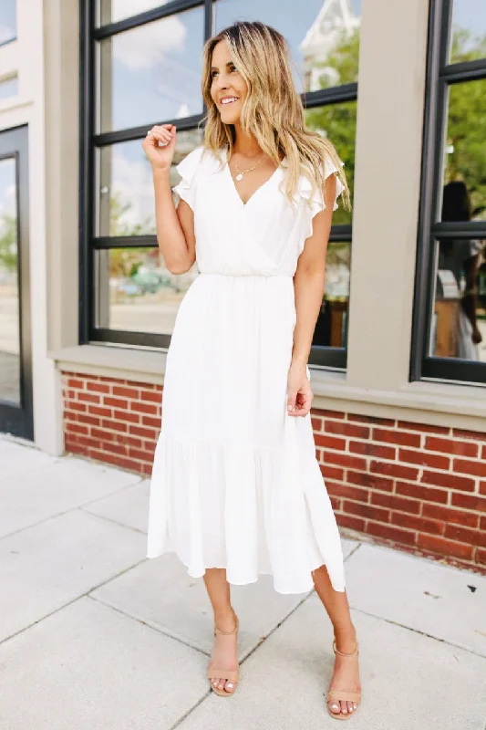 Women's Wrap DressesRuffle Sleeve Surplice White Midi Dress - FINAL SALE