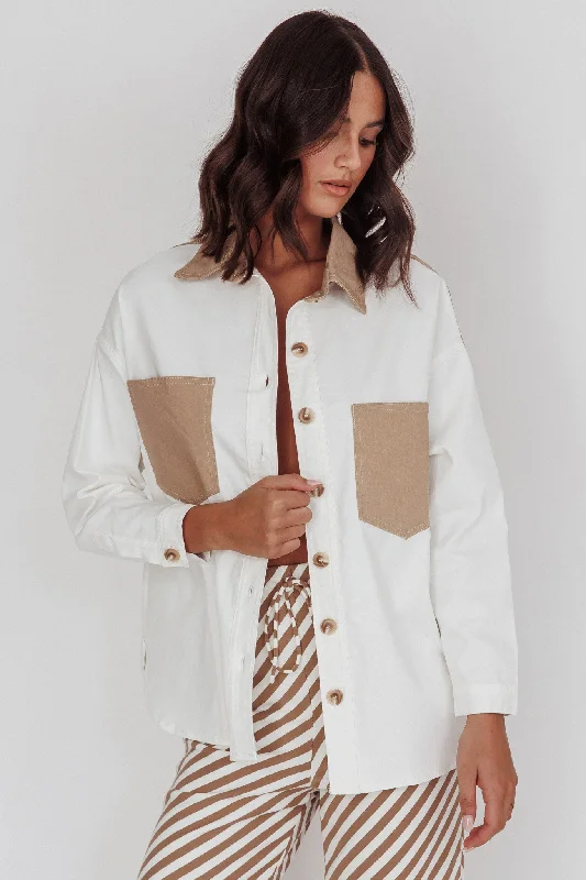 Women's Blouse with Lapel CollarLake Days Chest Pocket Shirt White Beige