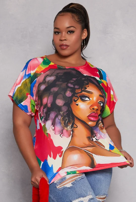 Women's Trendy ShortsPlus Size Afro Girl Graphic Print Top