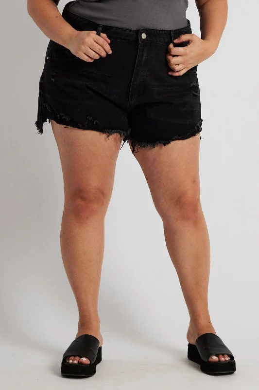 Women's Athletic ShortsBlack Relaxed Denim Shorts High Rise