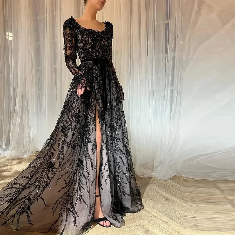 Women's Square Collar DressesSevintage Black Embroidery Lace Beadings Crystal Prom Dresses Side Split A-Line Long Sleeves Wedding Party Gowns Evening Dress