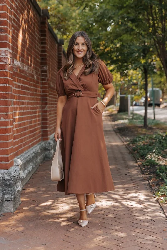 Women's Notched Collar DressesTrue Autumn Brown Belted Midi Dress - DOORBUSTER