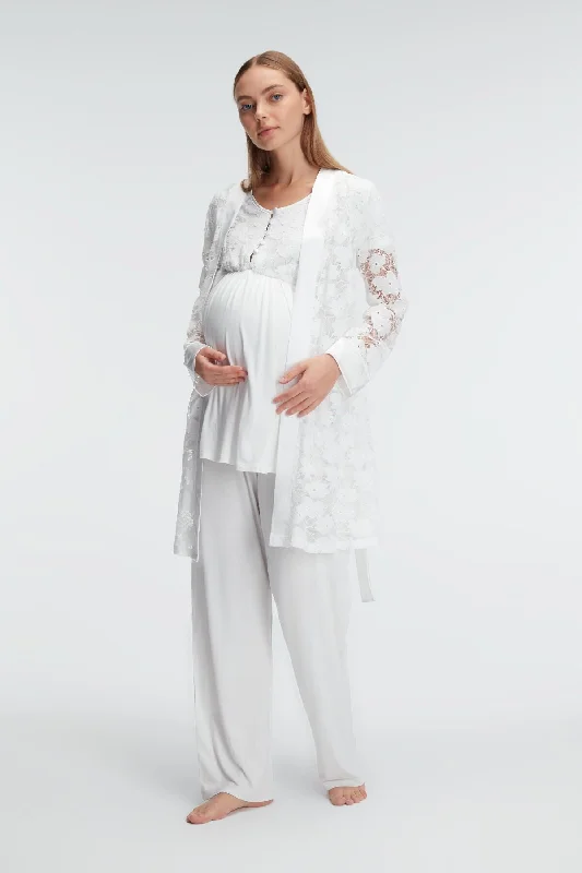 women's pajamas with a cozy, warm feelShopymommy 11311 Lace 3-Pieces Maternity & Nursing Pajamas With Flower Robe Ecru