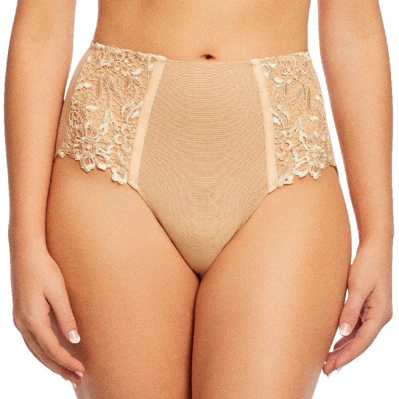 lightweight mesh panties with a lace overlay for a romantic touchDahlia Hi Cut Brief - Crème Caramel