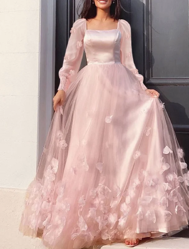 Women's Shirt Collar DressesA-Line Prom Dresses Maxi Dress Wedding Guest Sweet 16 Floor Length Long Sleeve Scoop Neck Tulle