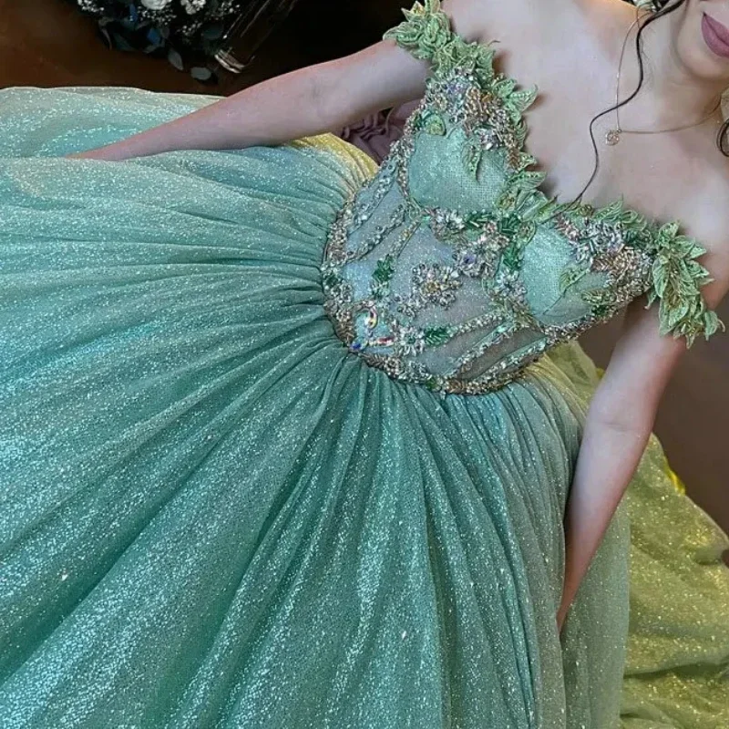 Women's Narrow Collar DressesMint Green Glitter Sequined Ball Gown Quinceanera Dresses Off the Shoulder Appliques Vestidos De 15 Años Women Prom Party Wear